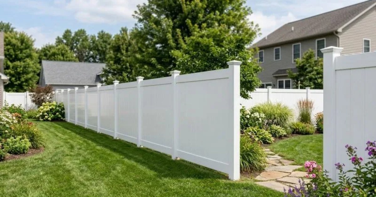 White vinyl picket fence installation at a home